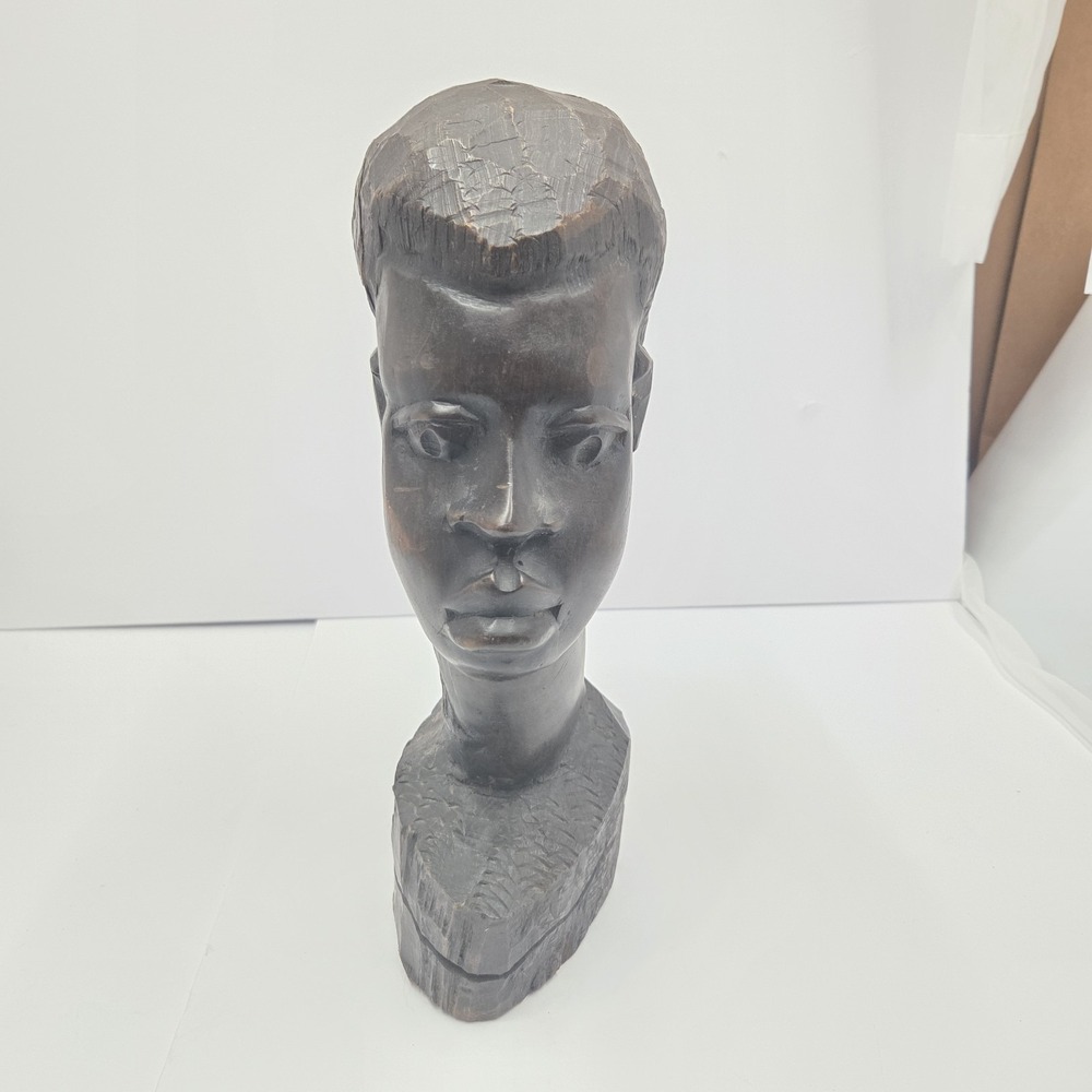Hand-Carved African Ebony Wood Sculpture - Tribal Female Head Bust - 9" Tall